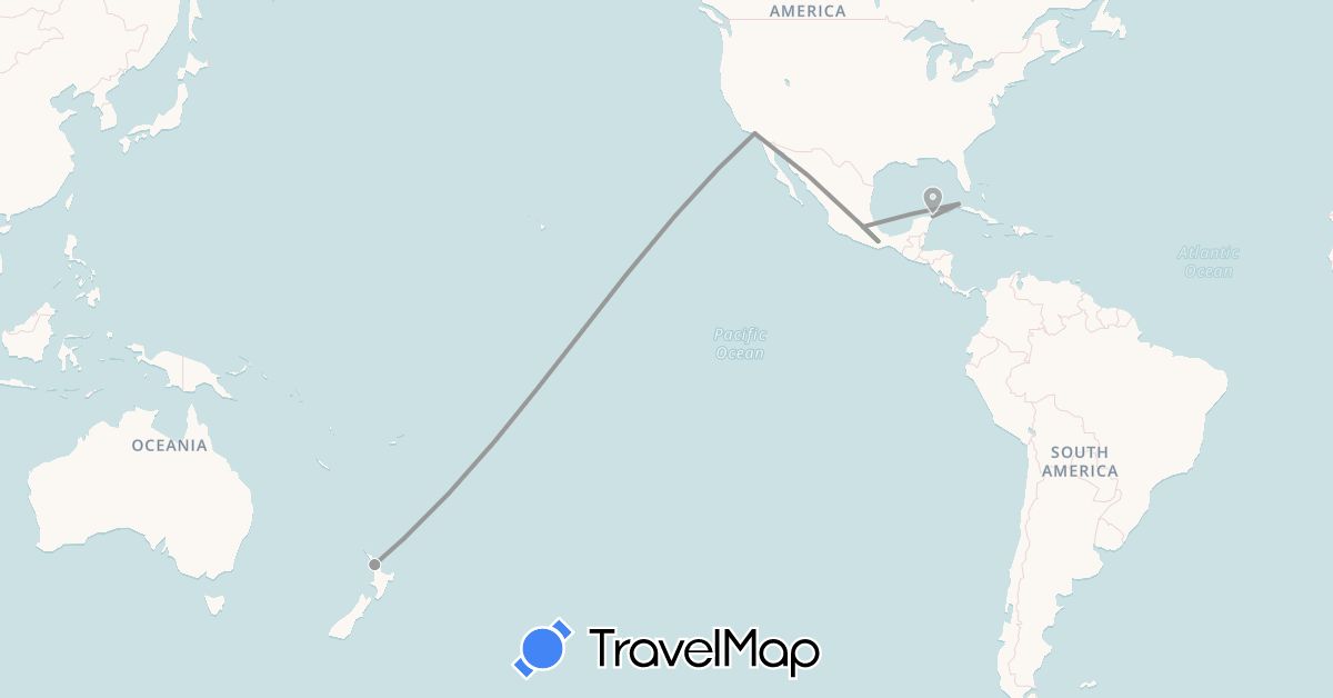 TravelMap itinerary: driving, bus, plane in Cuba, Mexico, New Zealand, United States (North America, Oceania)